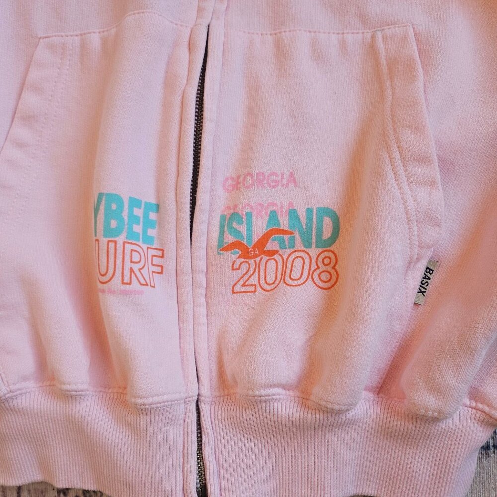 Basix Vintage Tybee Island GA Surf 2008 Pink Hoodie Zip-Up Sweatshirt XL - Picture 2 of 5
